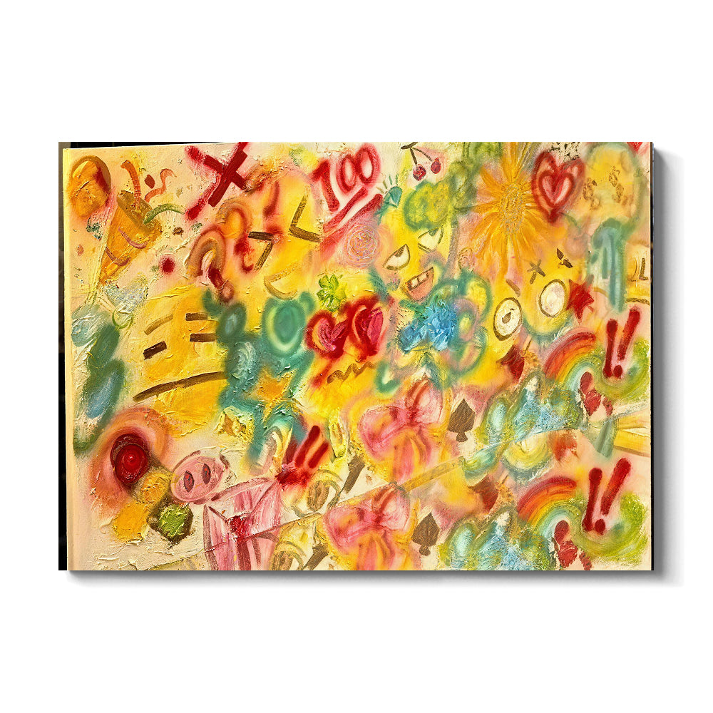 Colorful Marks on Yellow Ground canvas wall art, front product mockup on a light background.