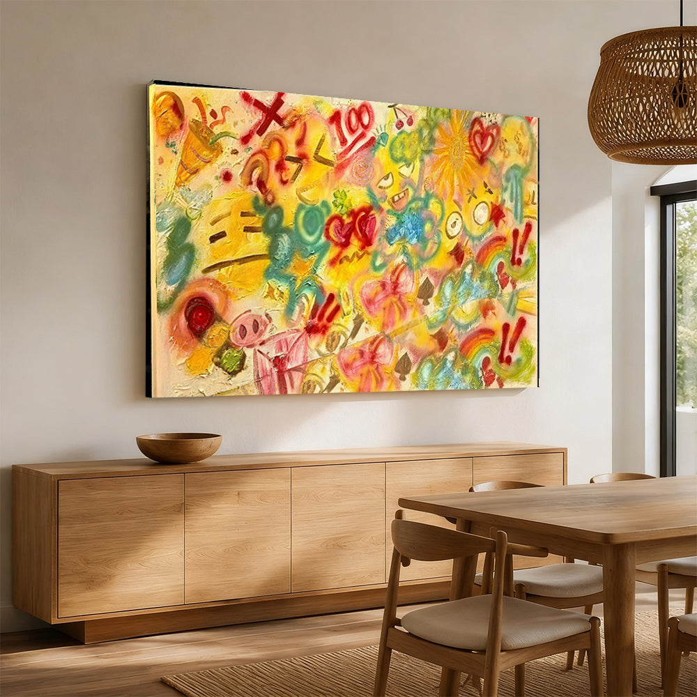 Colorful Marks on Yellow Ground canvas wall art, styled room mockup 1.