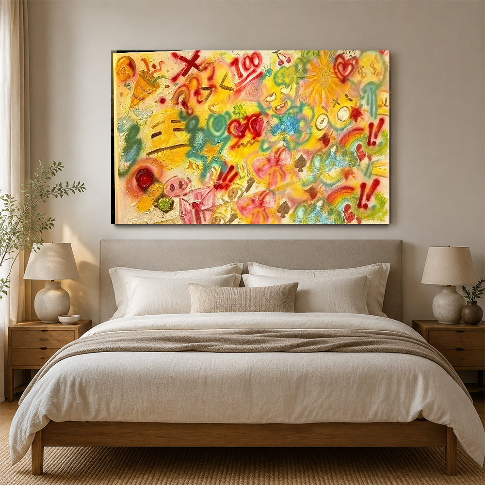 Colorful Marks on Yellow Ground canvas wall art, styled room mockup 4.