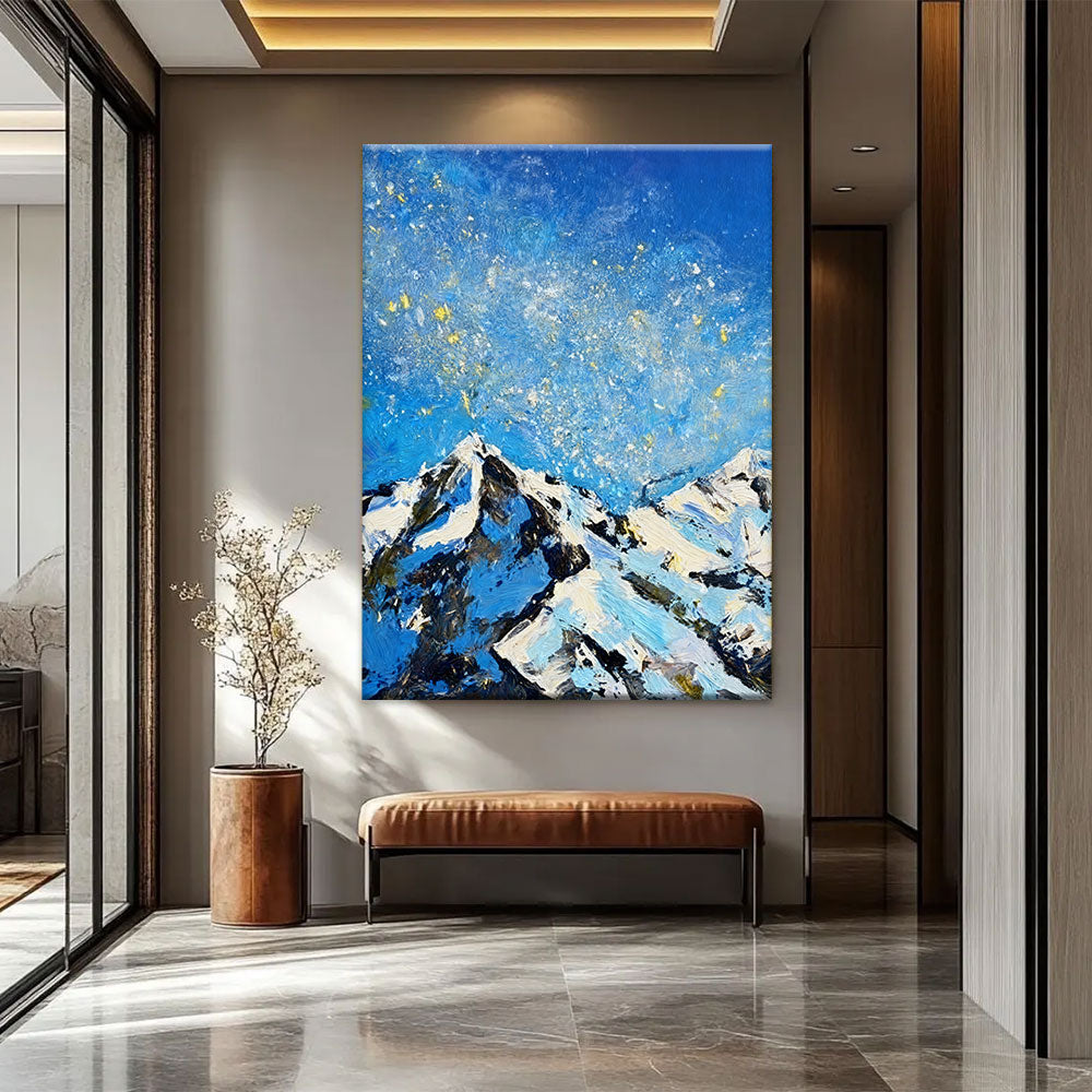 Golden Flecks Above Blue Peaks canvas wall art, styled room mockup 3.