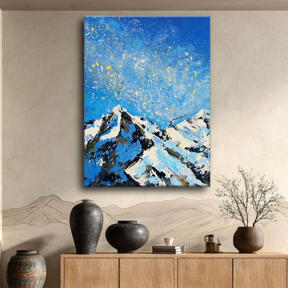 Golden Flecks Above Blue Peaks canvas wall art, styled room mockup 4.