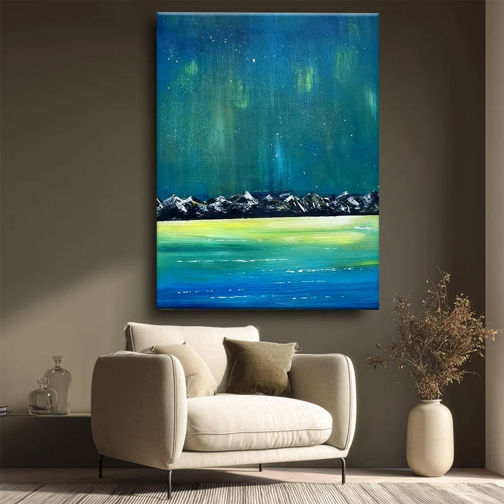 Northern Lights Above the Range canvas wall art, styled room mockup 3.
