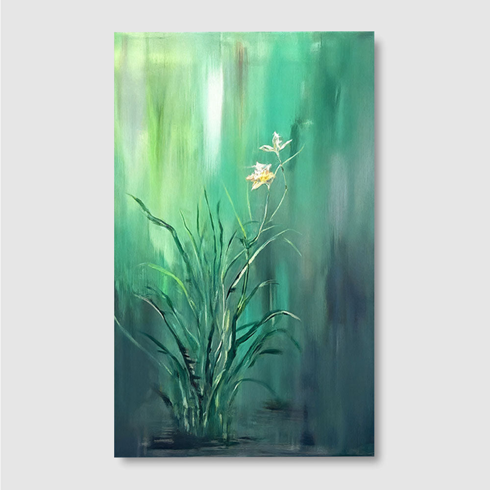 White Blooms in Green Light canvas wall art, front product mockup on a light background.