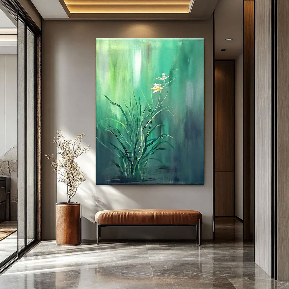 White Blooms in Green Light canvas wall art, styled room mockup 2.
