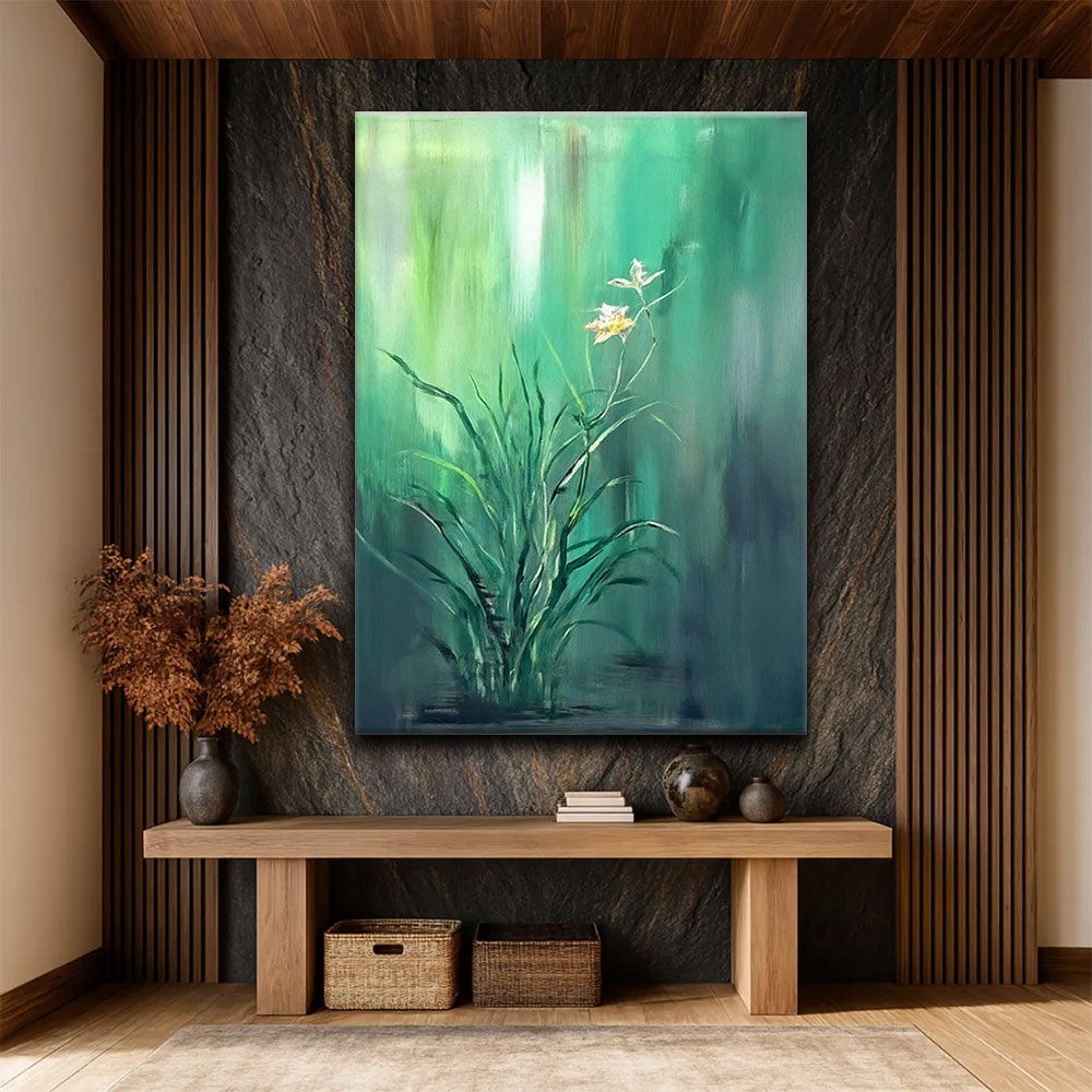 White Blooms in Green Light canvas wall art, styled room mockup 3.