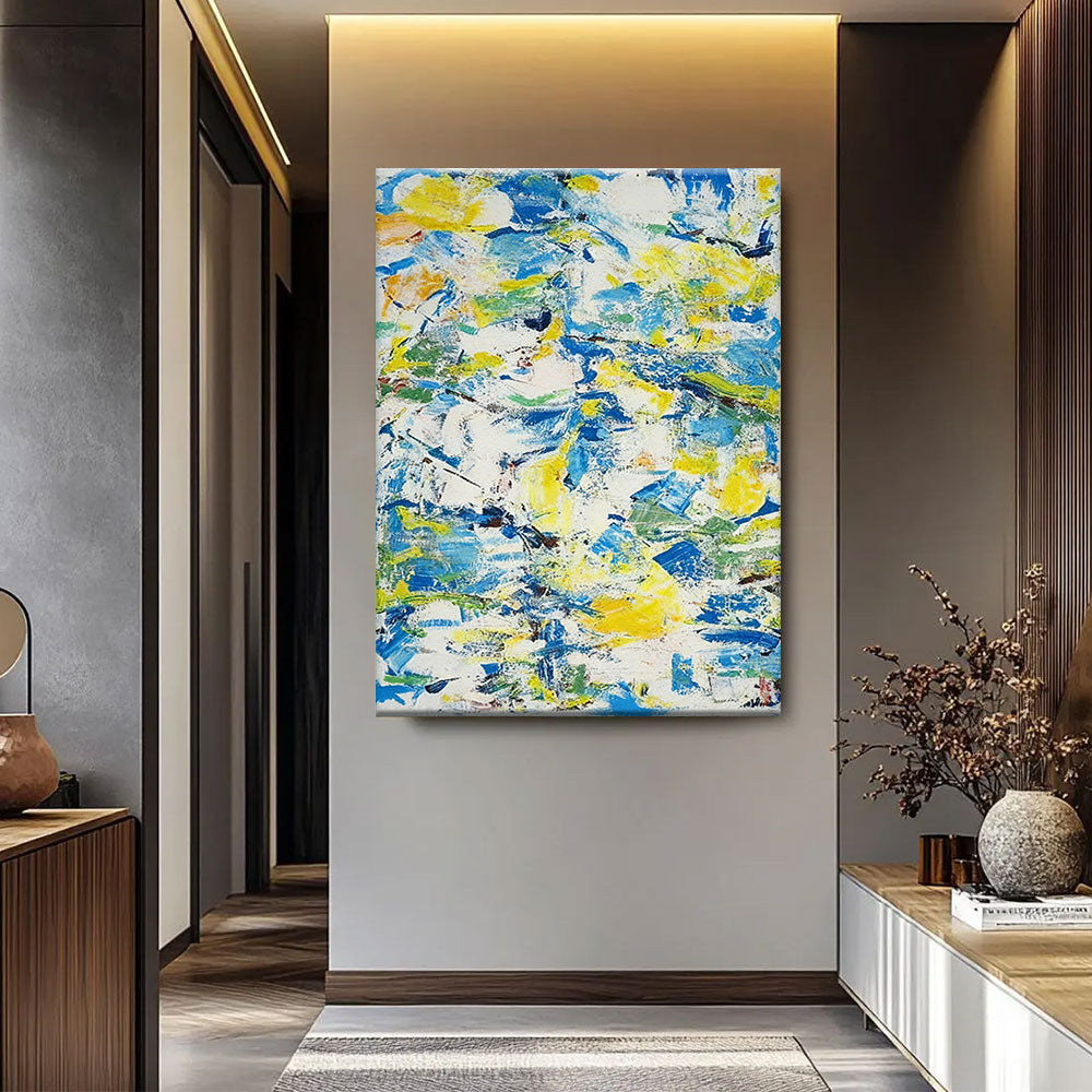 Blue and Yellow Painted Rhythm canvas wall art, styled room mockup 1.