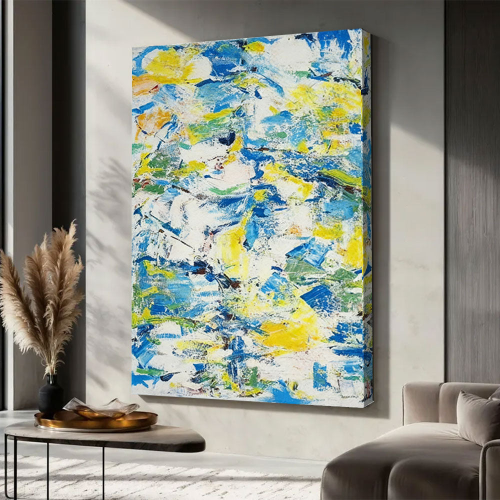 Blue and Yellow Painted Rhythm canvas wall art, styled room mockup 2.