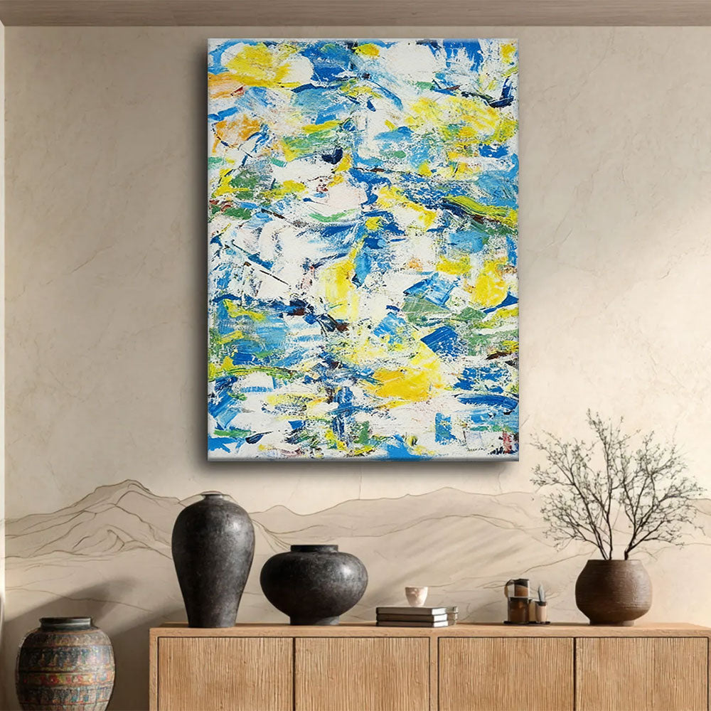 Blue and Yellow Painted Rhythm canvas wall art, styled room mockup 3.