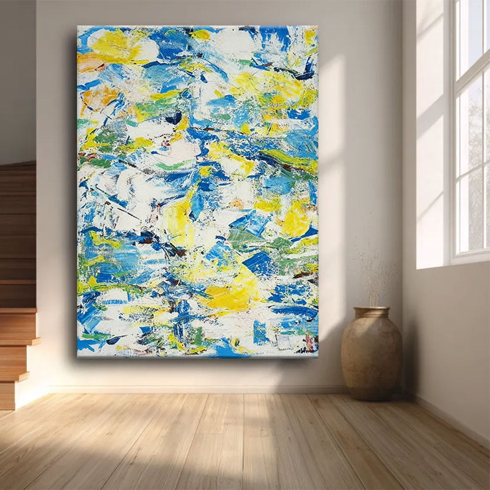 Blue and Yellow Painted Rhythm canvas wall art, styled room mockup 4.