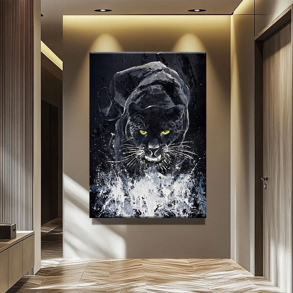 Black Panther in Silver Splashes canvas wall art, styled room mockup 3.