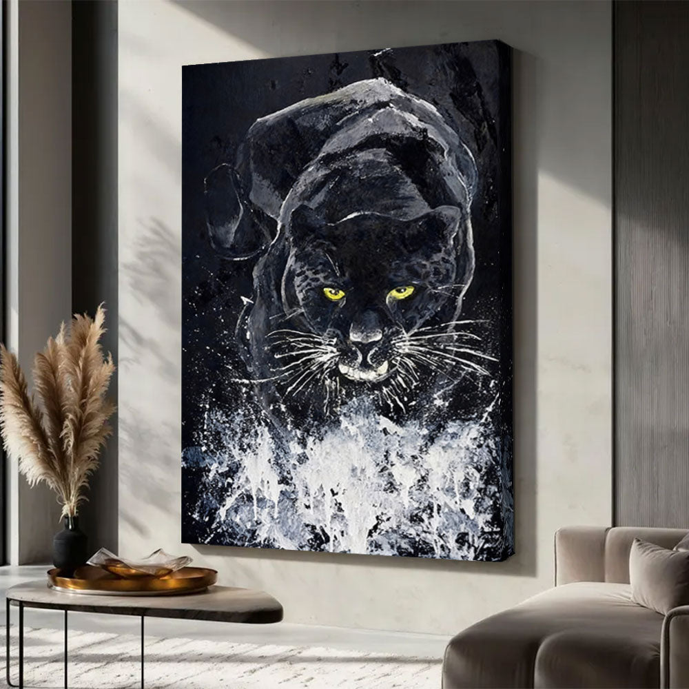 Black Panther in Silver Splashes canvas wall art, styled room mockup 4.
