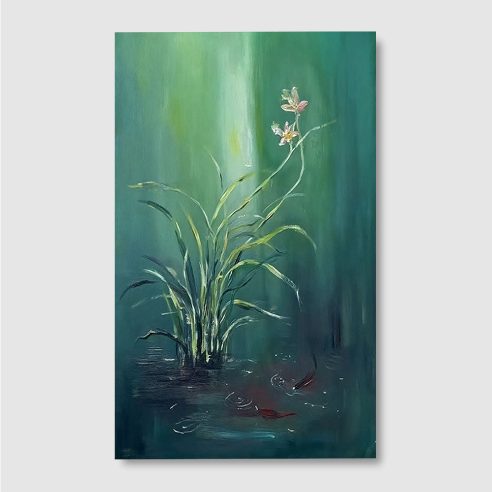 Delicate Flowers on Teal canvas wall art, front product mockup on a light background.