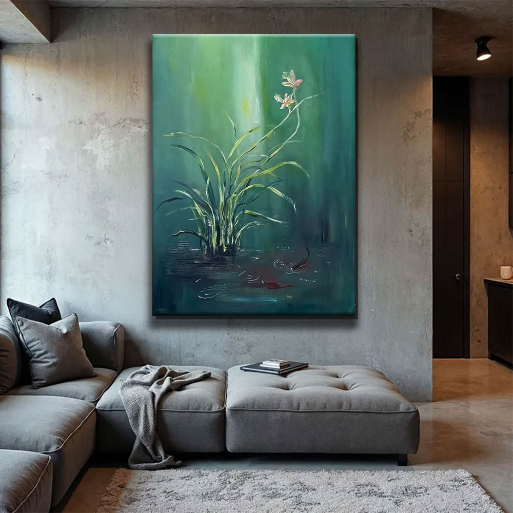 Delicate Flowers on Teal canvas wall art, styled room mockup 2.