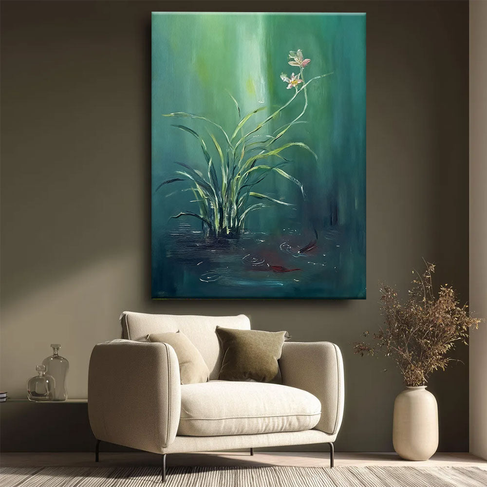 Delicate Flowers on Teal canvas wall art, styled room mockup 4.