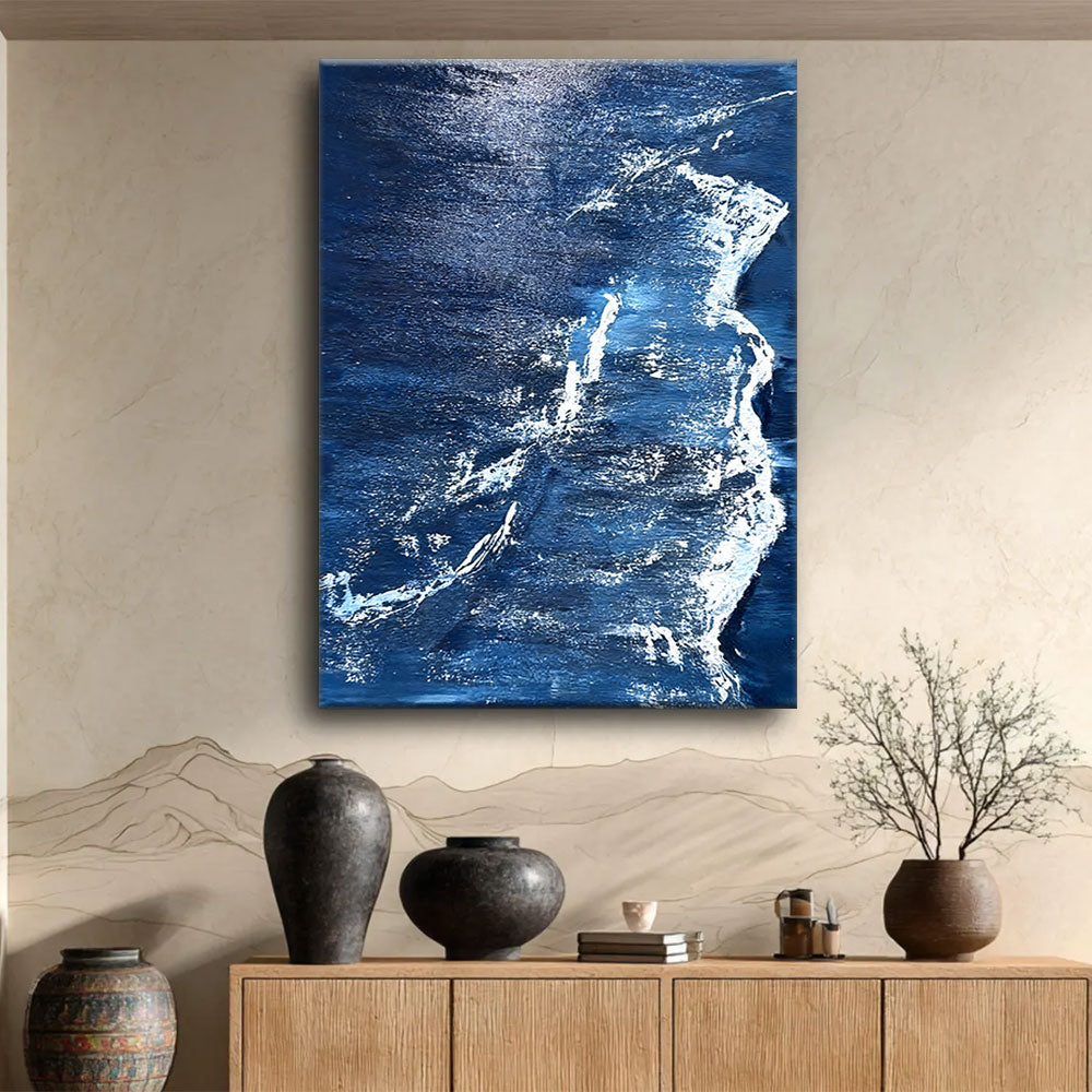 Silver Wave Against Midnight Blue canvas wall art, styled room mockup 1.