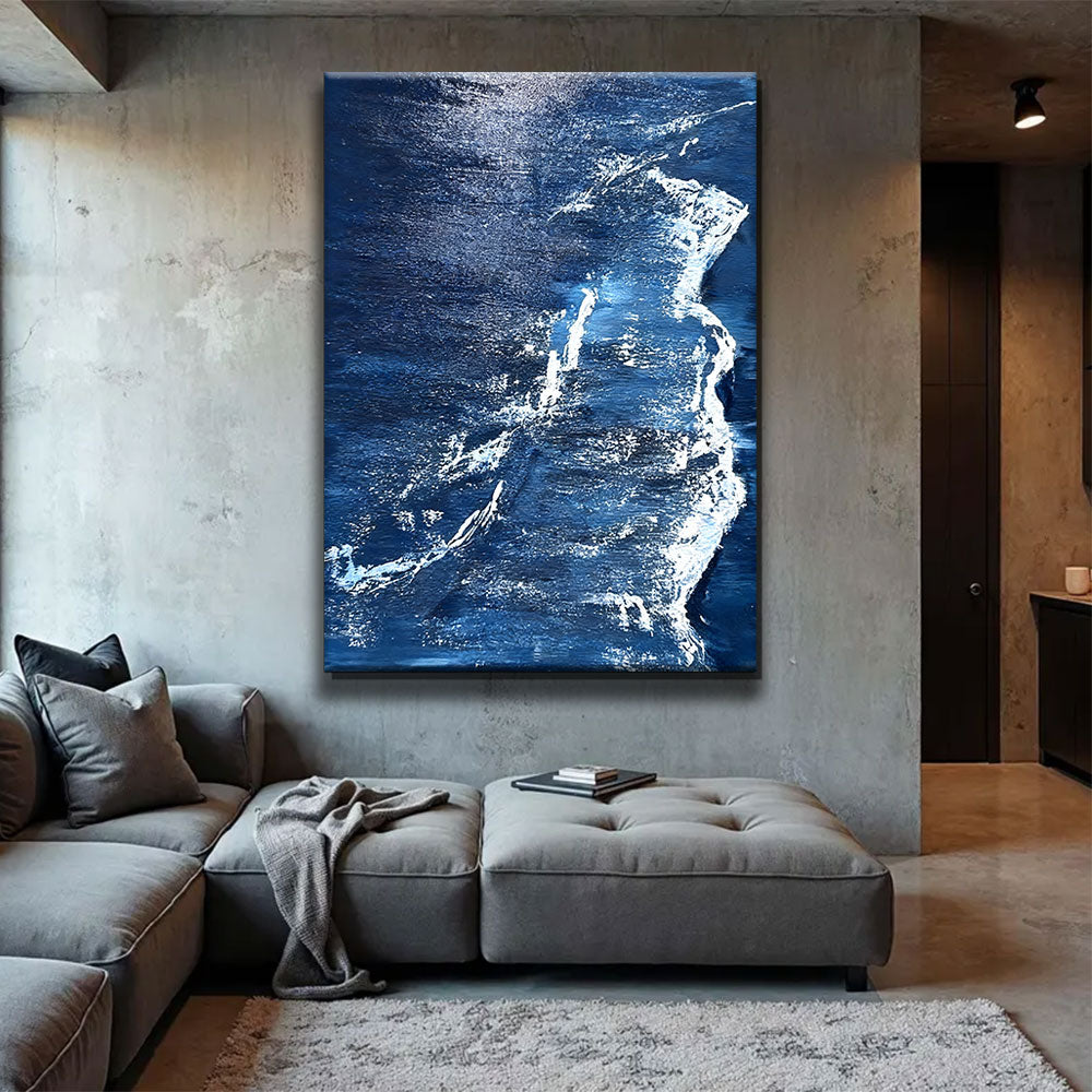 Silver Wave Against Midnight Blue canvas wall art, styled room mockup 3.