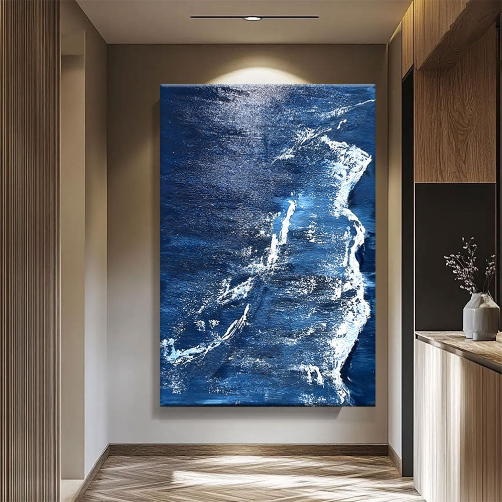 Silver Wave Against Midnight Blue canvas wall art, styled room mockup 4.