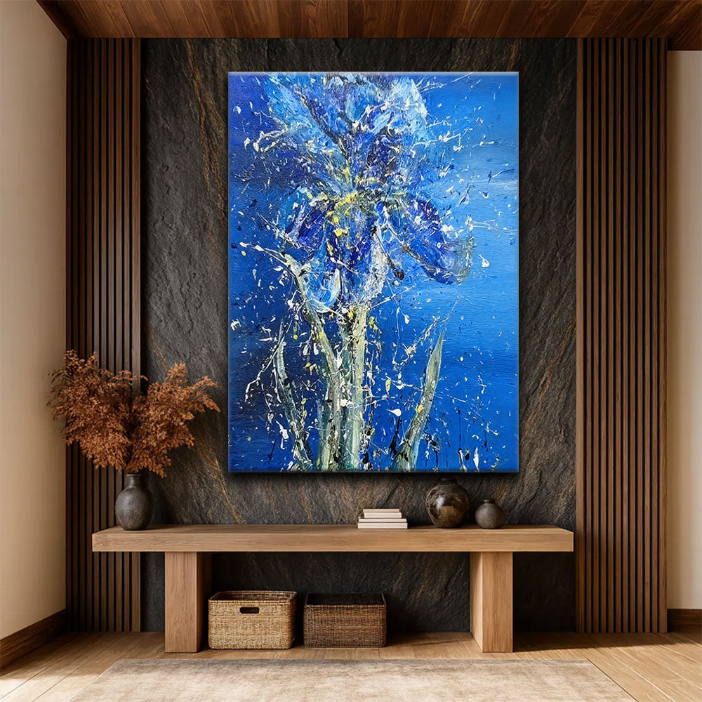Blue Iris in Dancing Color canvas wall art, styled room mockup 2.