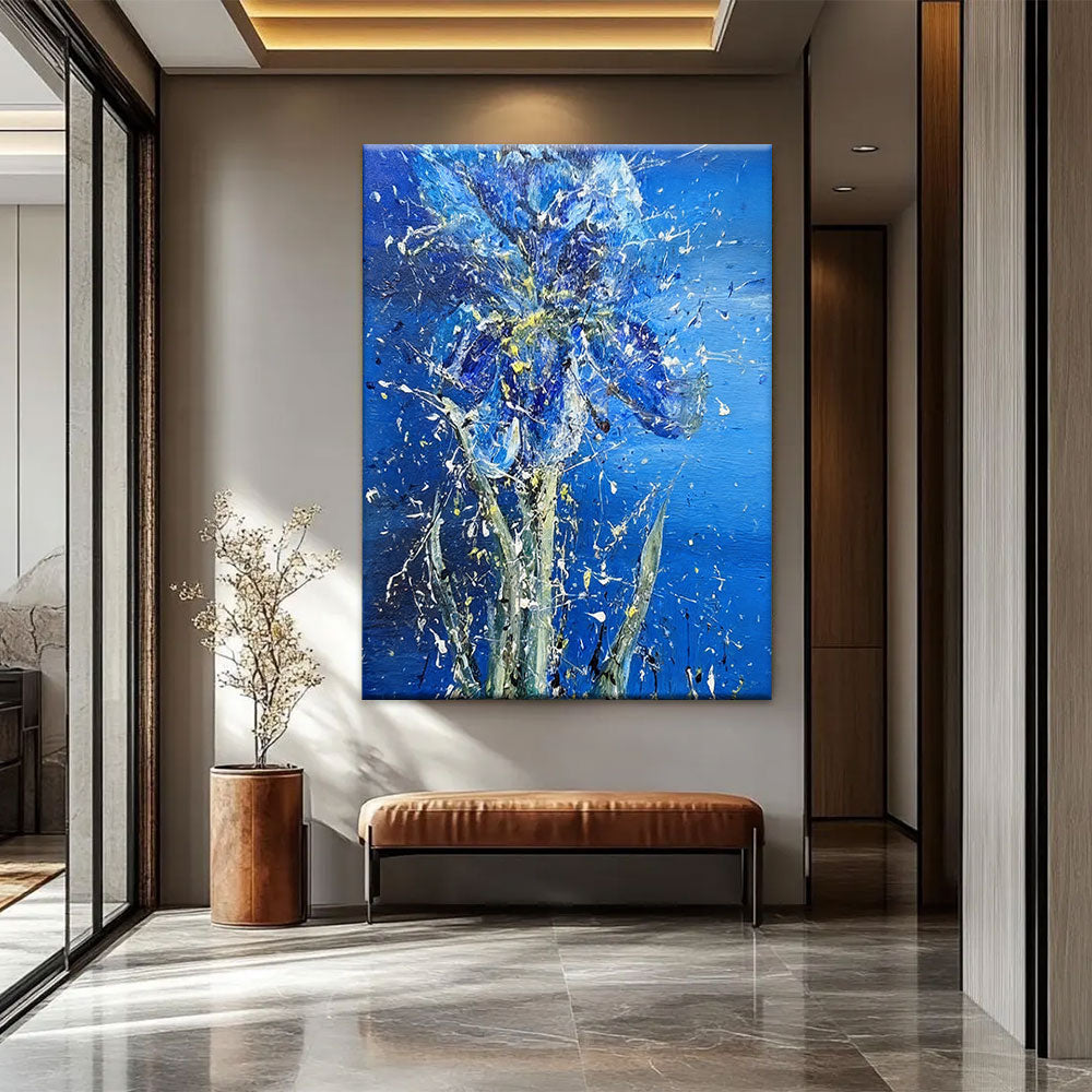 Blue Iris in Dancing Color canvas wall art, styled room mockup 3.