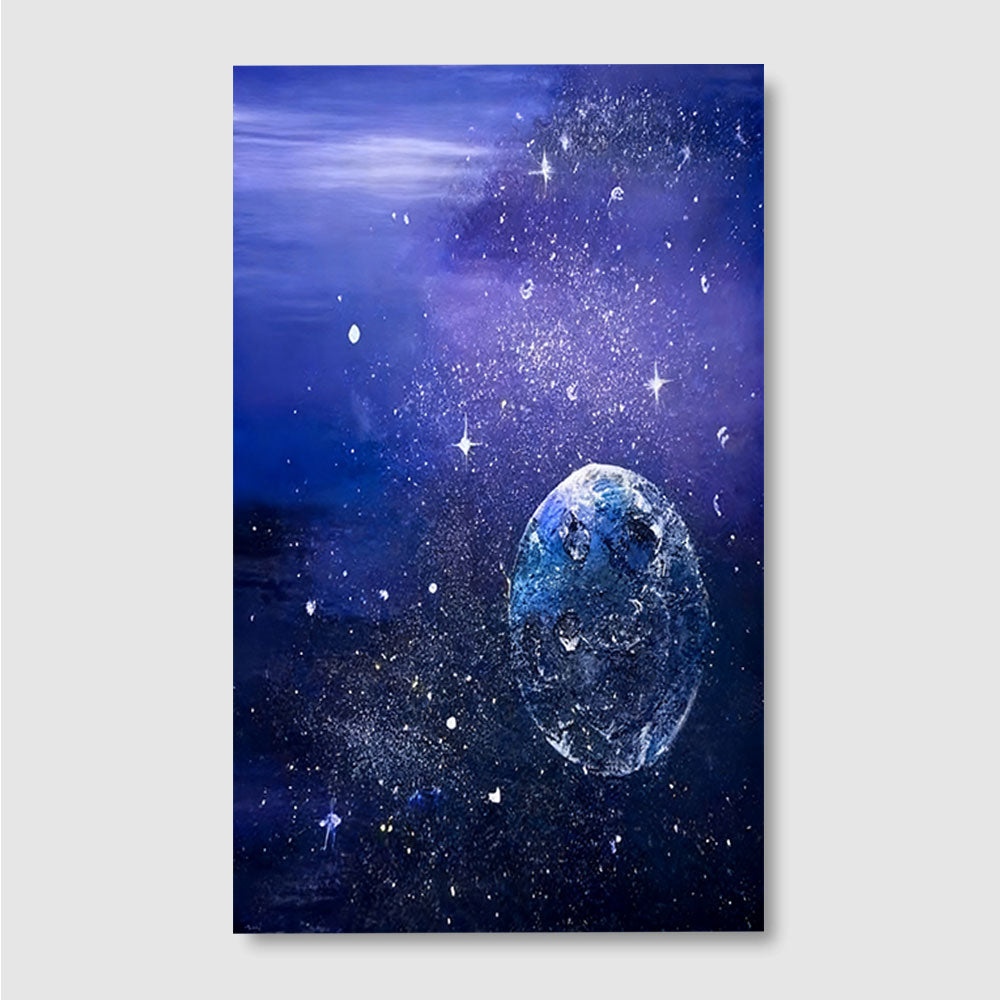 Blue Planet in a Violet Sky canvas wall art, front product mockup on a light background.