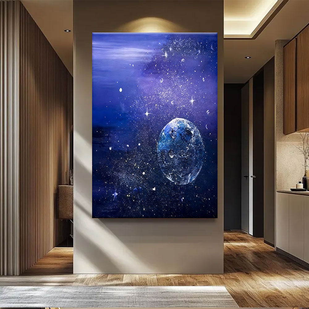 Blue Planet in a Violet Sky canvas wall art, styled room mockup 1.