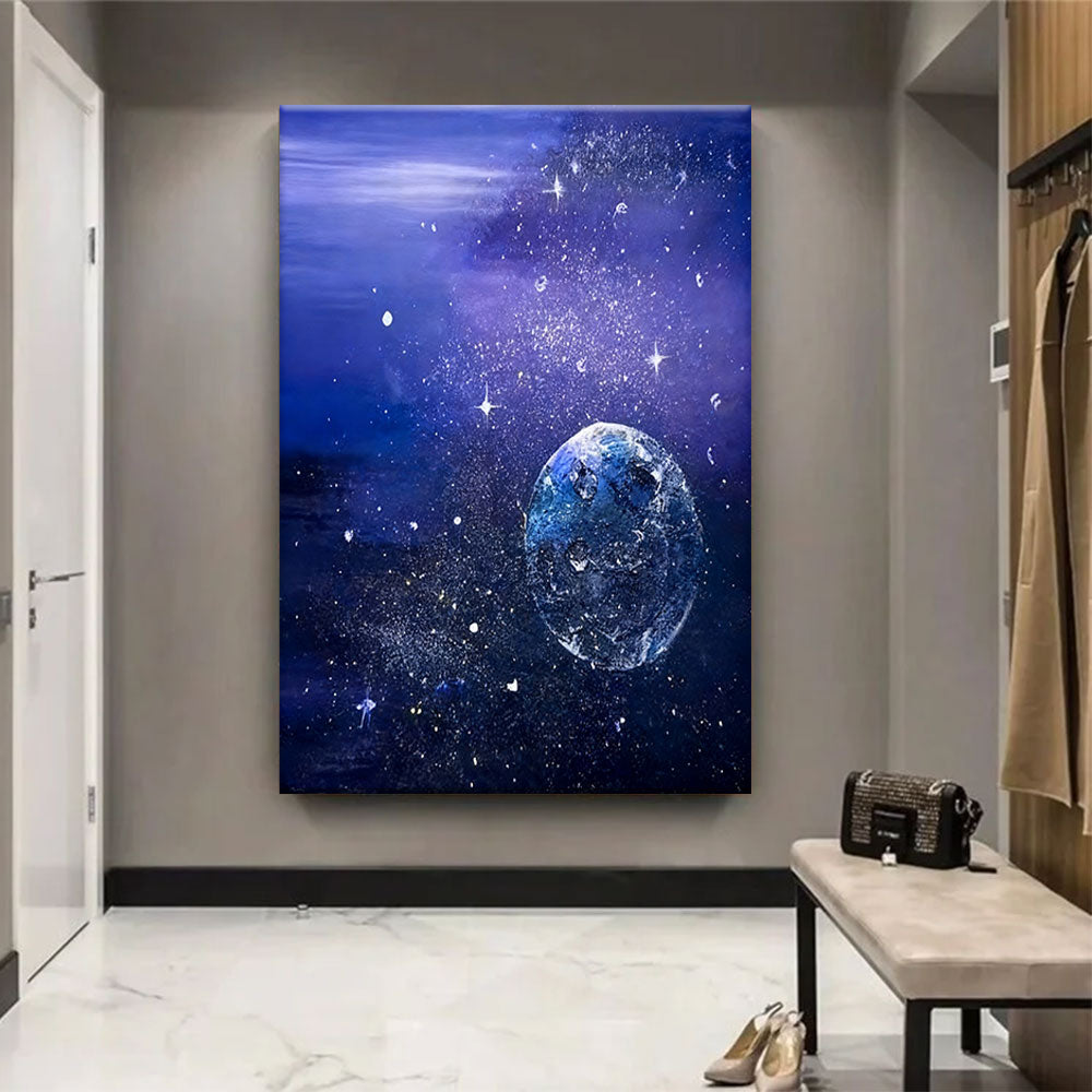 Blue Planet in a Violet Sky canvas wall art, styled room mockup 2.