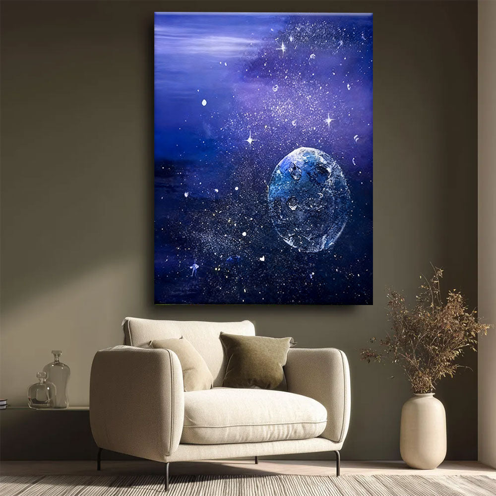 Blue Planet in a Violet Sky canvas wall art, styled room mockup 4.