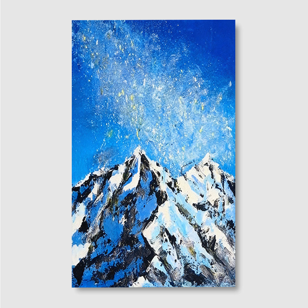 Snowy Peaks Under a Speckled Sky canvas wall art, front product mockup on a light background.