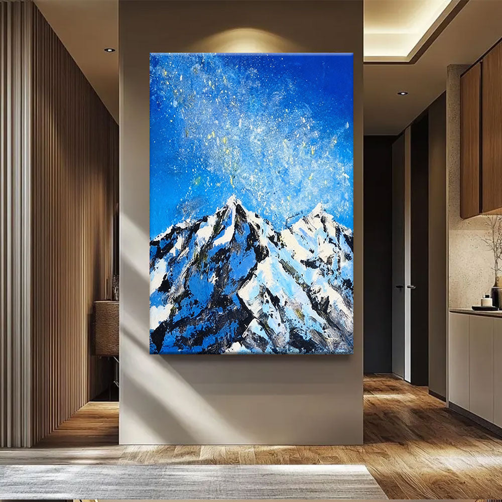 Snowy Peaks Under a Speckled Sky canvas wall art, styled room mockup 1.
