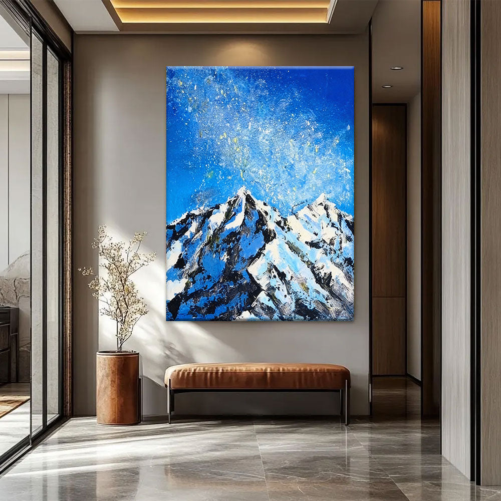 Snowy Peaks Under a Speckled Sky canvas wall art, styled room mockup 2.
