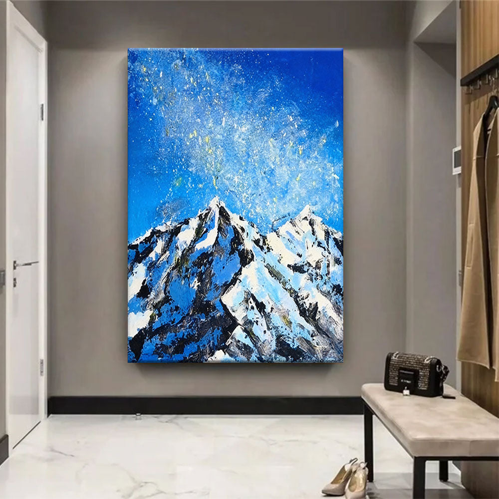 Snowy Peaks Under a Speckled Sky canvas wall art, styled room mockup 3.