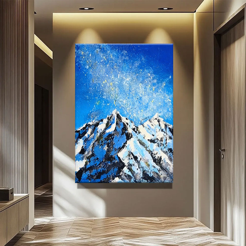 Snowy Peaks Under a Speckled Sky canvas wall art, styled room mockup 4.