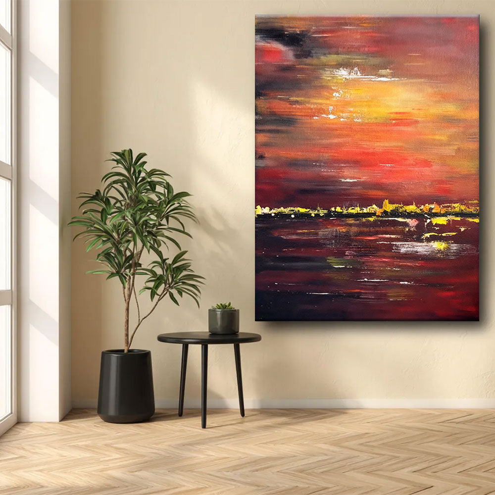 Crimson Harbor at Dusk canvas wall art, styled room mockup 1.