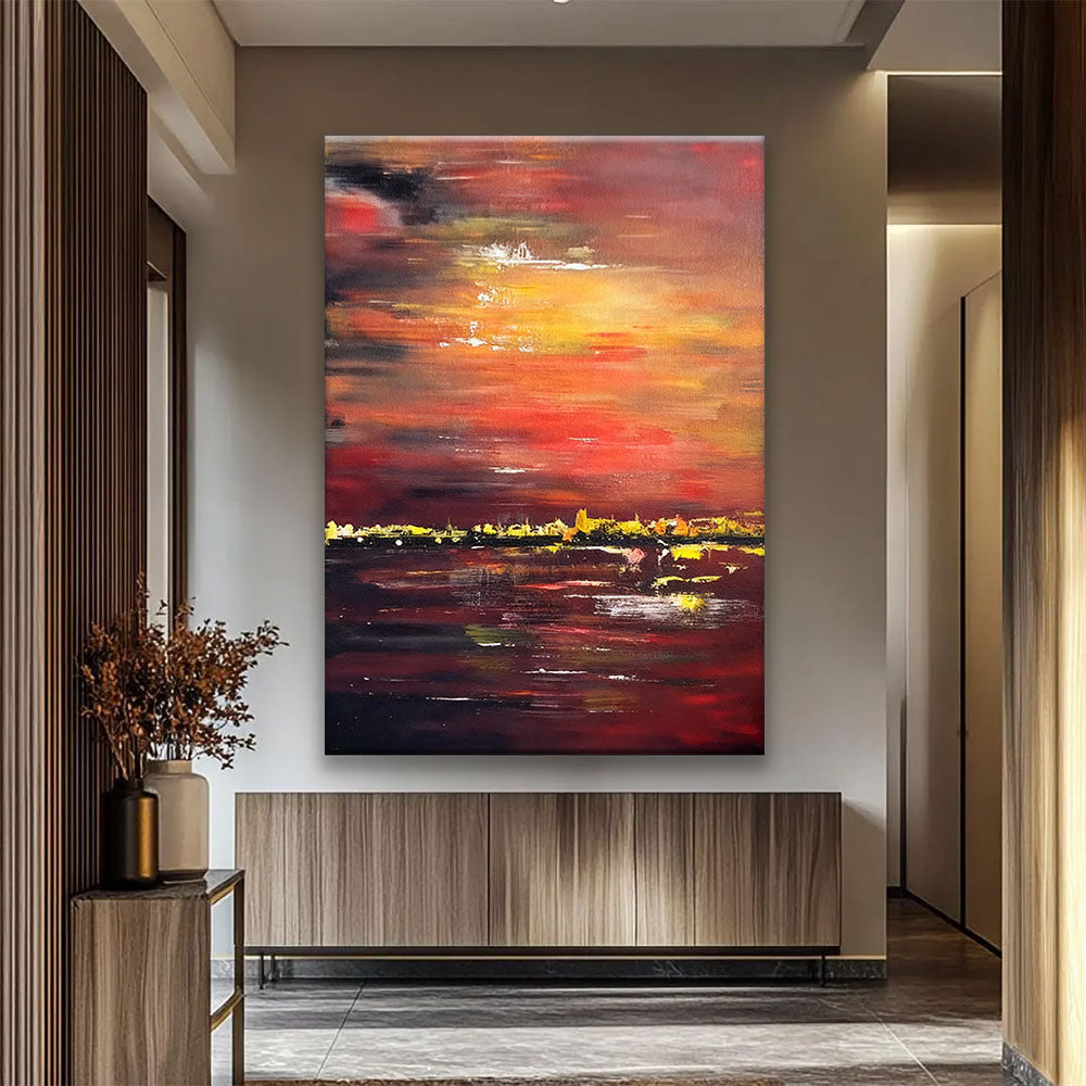 Crimson Harbor at Dusk canvas wall art, styled room mockup 3.