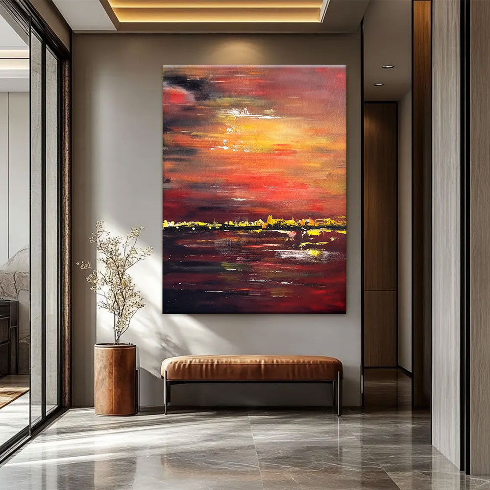 Crimson Harbor at Dusk canvas wall art, styled room mockup 4.