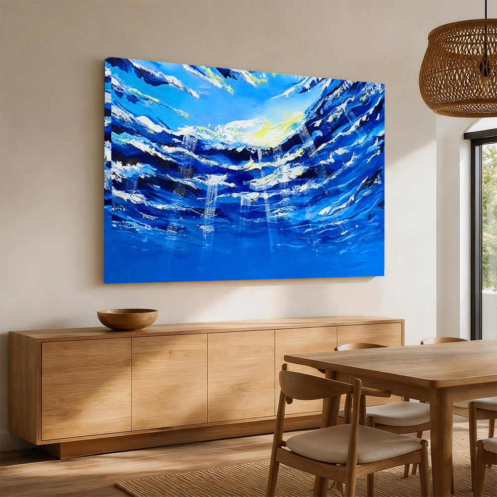 Blue Waves Opening to the Light canvas wall art, styled room mockup 1.