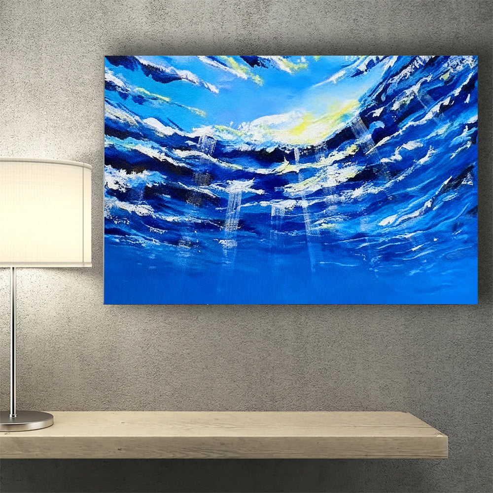 Blue Waves Opening to the Light canvas wall art, styled room mockup 2.