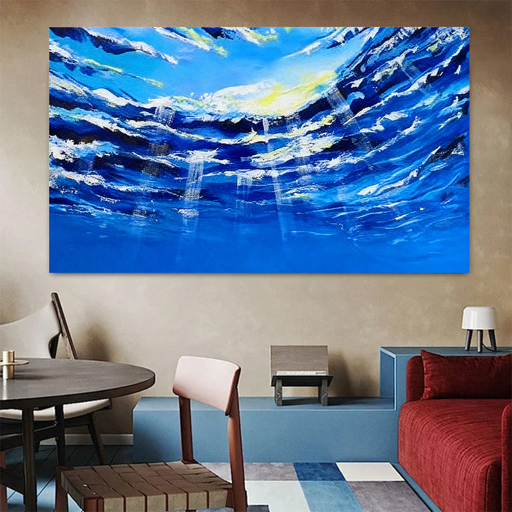 Blue Waves Opening to the Light canvas wall art, styled room mockup 3.