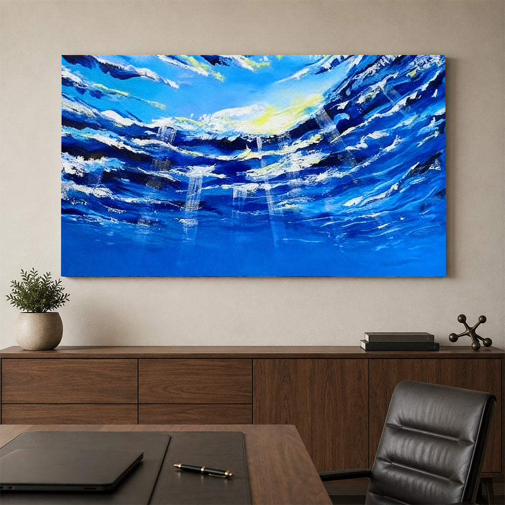 Blue Waves Opening to the Light canvas wall art, styled room mockup 4.