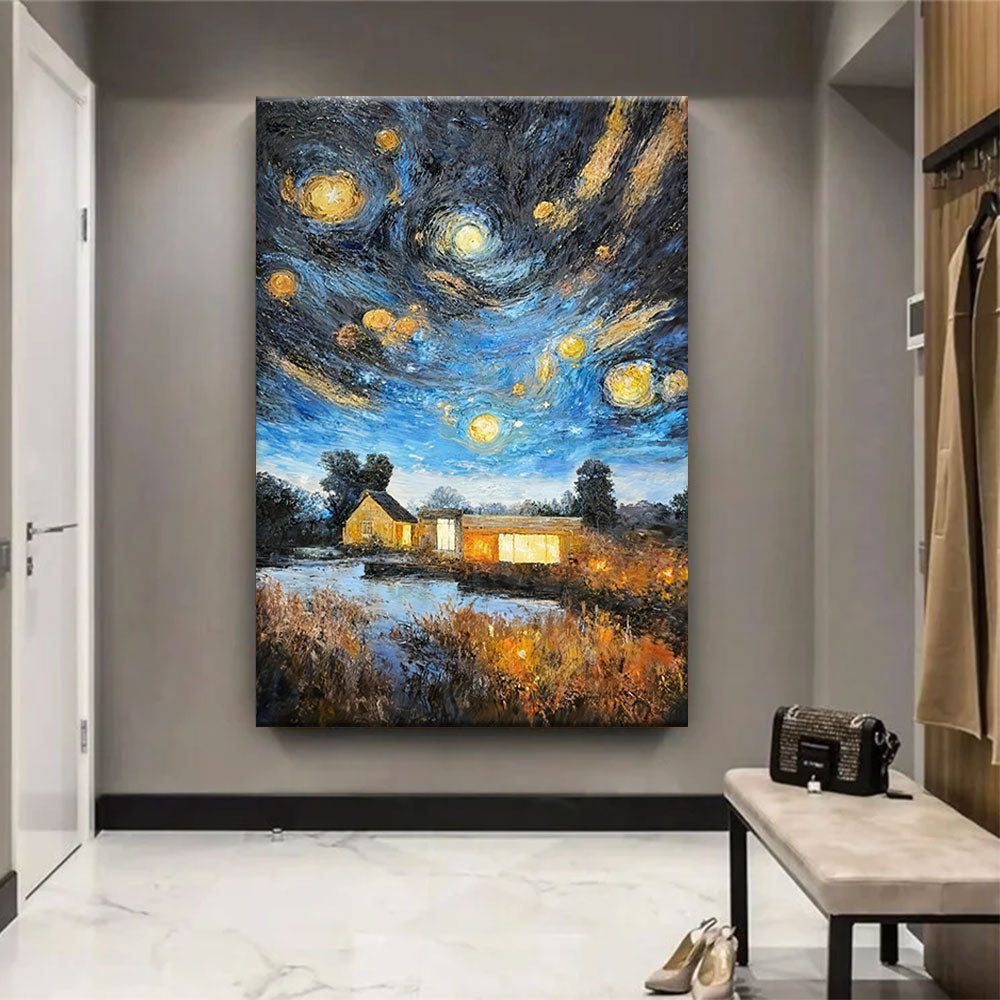 Golden Stars Above a Country House canvas wall art, styled room mockup 1.