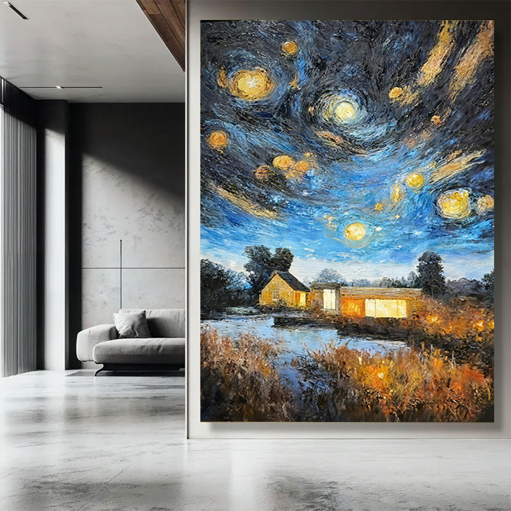 Golden Stars Above a Country House canvas wall art, styled room mockup 3.