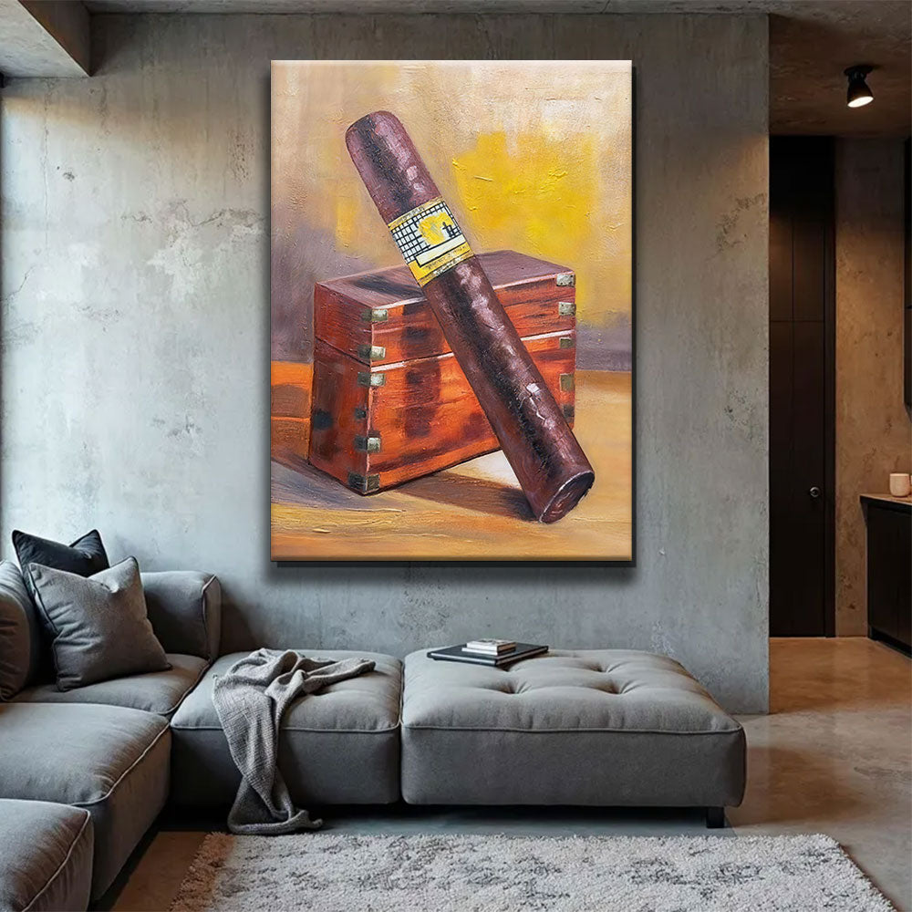 Cigar and Wooden Case canvas wall art, styled room mockup 1.