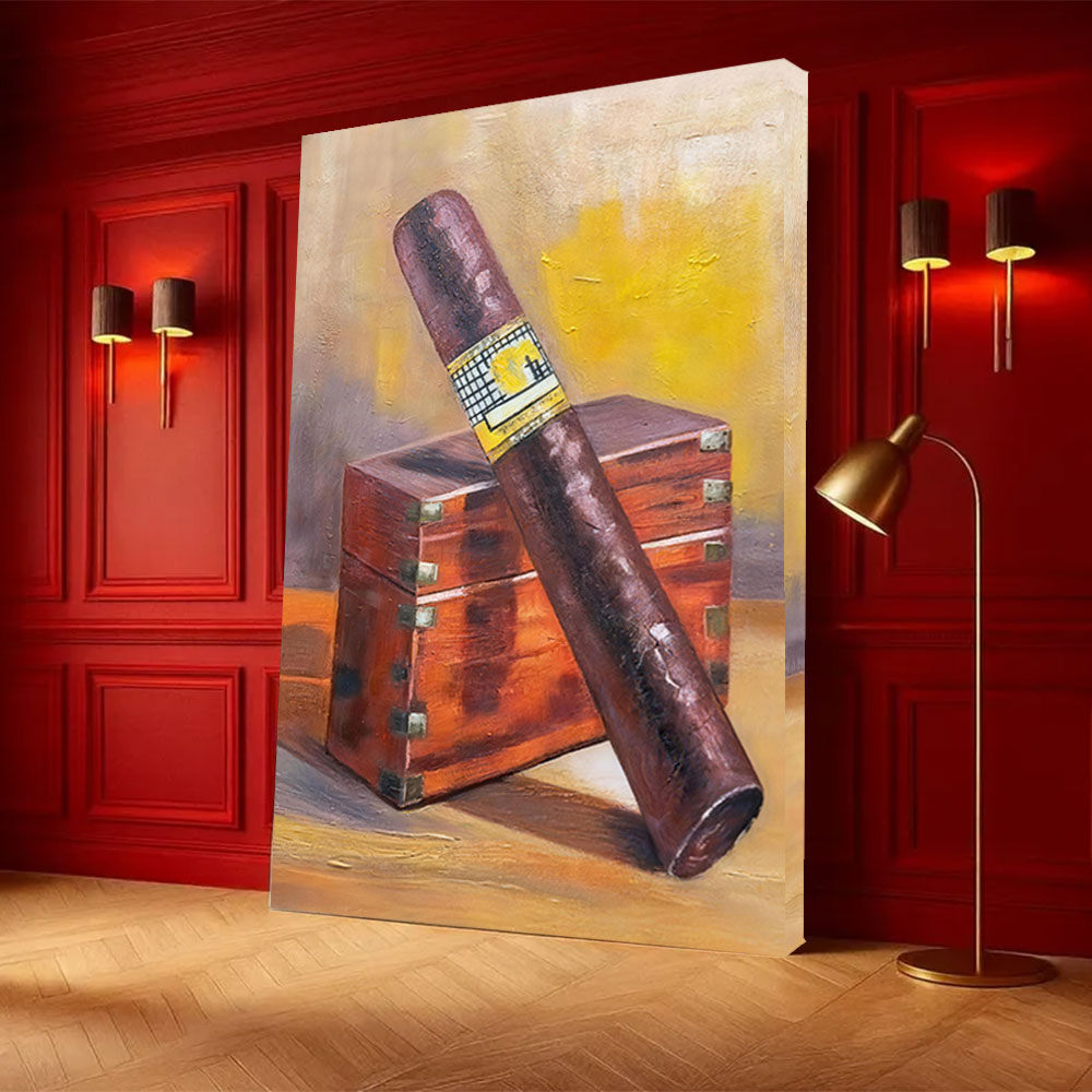 Cigar and Wooden Case canvas wall art, styled room mockup 3.