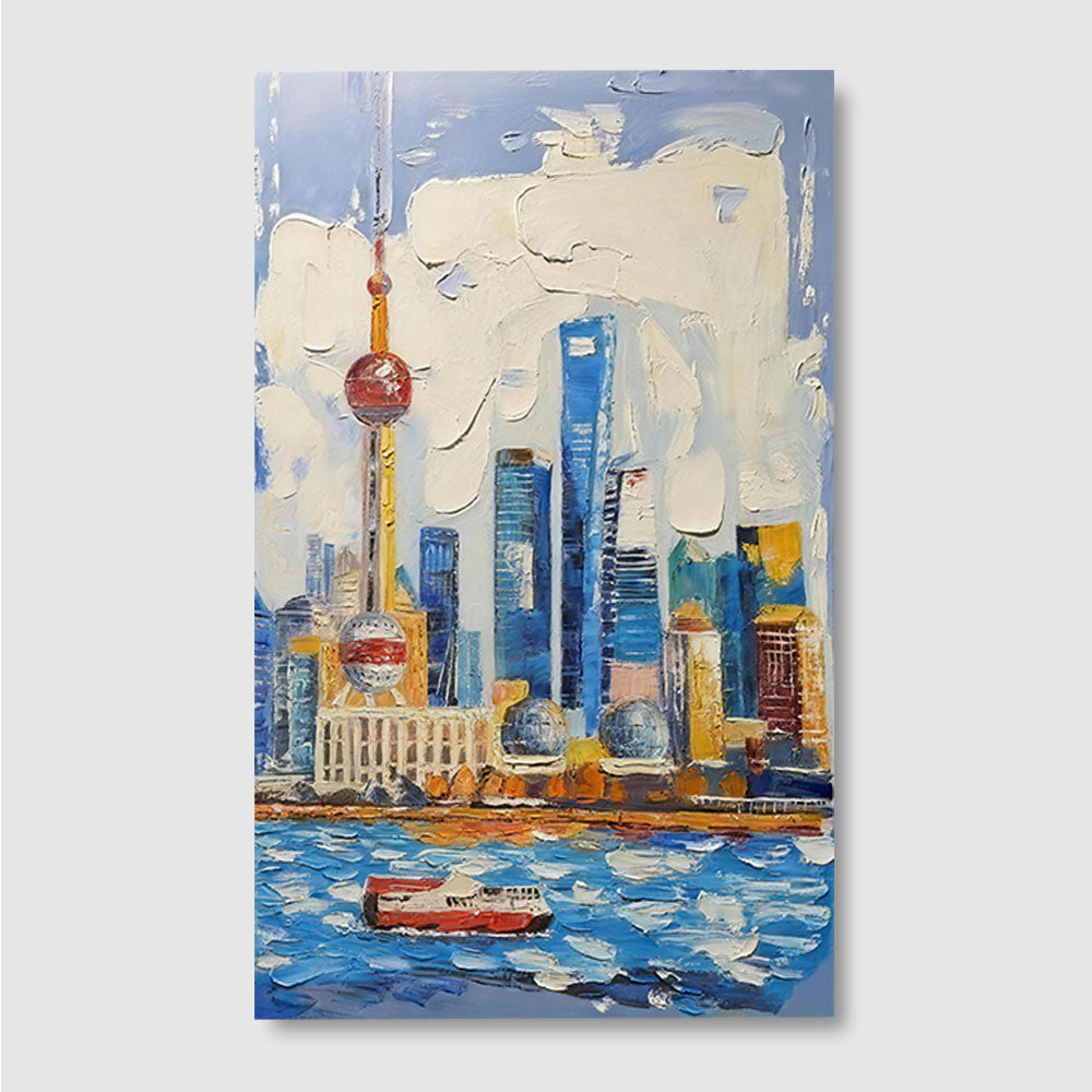 Colorful Riverside Skyline canvas wall art, front product mockup on a light background.