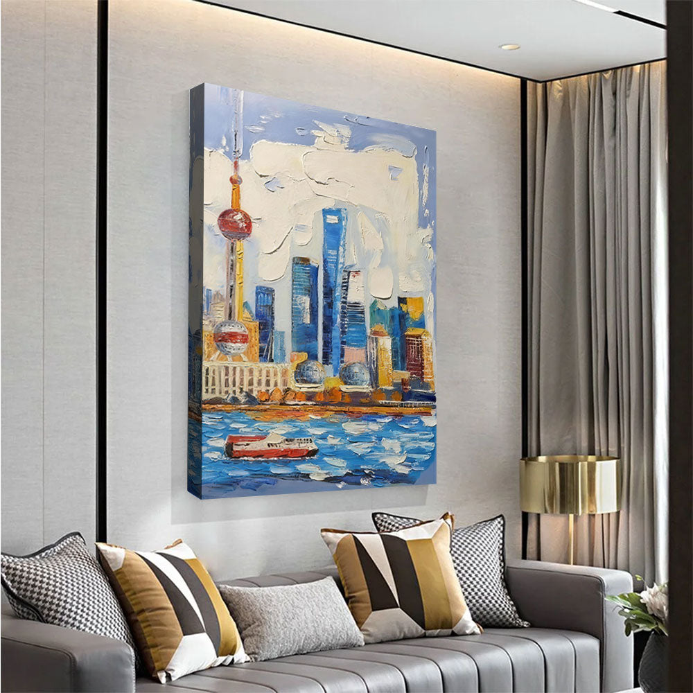Colorful Riverside Skyline canvas wall art, styled room mockup 1.