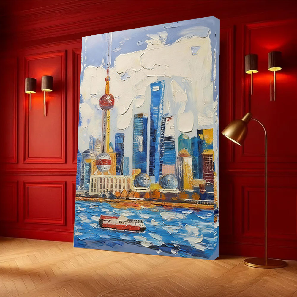 Colorful Riverside Skyline canvas wall art, styled room mockup 2.