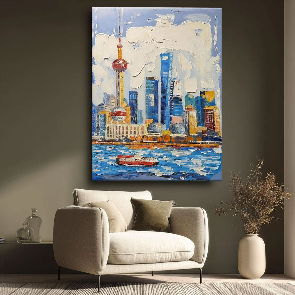 Colorful Riverside Skyline canvas wall art, styled room mockup 3.