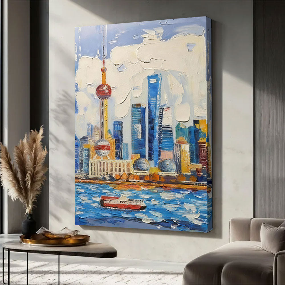 Colorful Riverside Skyline canvas wall art, styled room mockup 4.