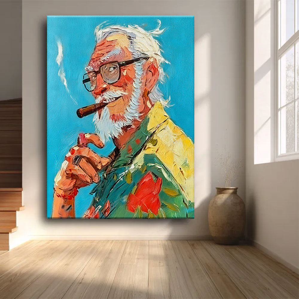 Gentleman in a Tropical Shirt canvas wall art, styled room mockup 3.