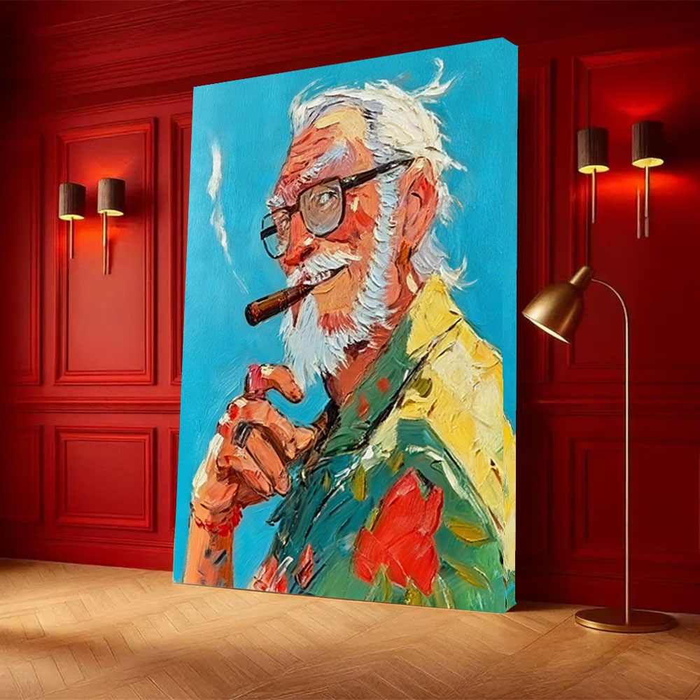 Gentleman in a Tropical Shirt canvas wall art, styled room mockup 4.
